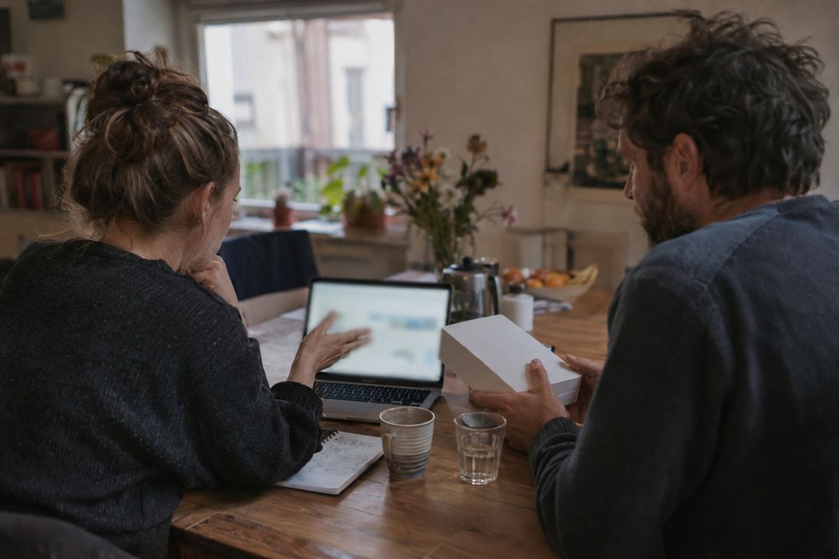 Zwei Personen besprechen am Küchentisch eine Software auf dem Laptop, eine Person hält eine weiße Verpackung in der Hand.