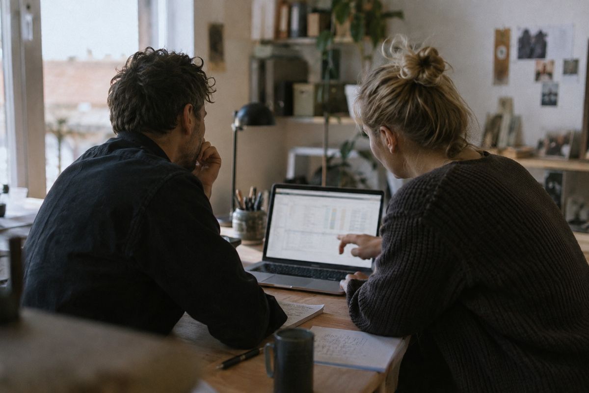 Zwei Personen sitzen an einem Holztisch und besprechen gemeinsam eine Tabelle auf einem Laptop, davor liegen Notizen.